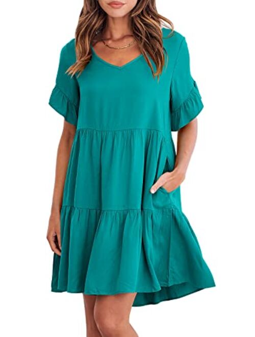 ANRABESS Womens Summer Casual V Neck Babydoll Dress Ruffle Short Sleeve Tiered A-Line Flowy Mini Beach Dress