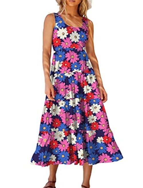 ANRABESS Women's Summer Sleeveless Smocked Sundress Boho Ruffle Tiered Swing A Line Beach Midi Dress with Pockets