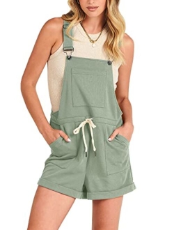 Women's Casual Straps Short Bib Overalls Basic Sleeveless Drawstring Romper Jumpsuits