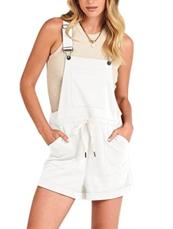 Women's Casual Straps Short Bib Overalls Basic Sleeveless Drawstring Romper Jumpsuits