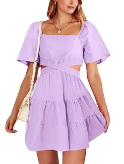 Women Summer Square Neck Short Sleeve Cutout Crossover Waist Casual Party Tiered A-Line Mini Dress