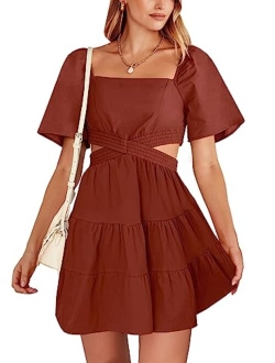 Women Summer Square Neck Short Sleeve Cutout Crossover Waist Casual Party Tiered A-Line Mini Dress