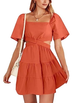 Women Summer Square Neck Short Sleeve Cutout Crossover Waist Casual Party Tiered A-Line Mini Dress