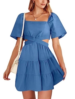 Women Summer Square Neck Short Sleeve Cutout Crossover Waist Casual Party Tiered A-Line Mini Dress