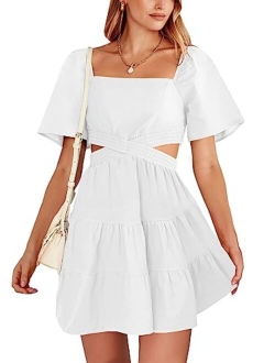 Women Summer Square Neck Short Sleeve Cutout Crossover Waist Casual Party Tiered A-Line Mini Dress