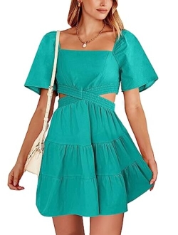 Women Summer Square Neck Short Sleeve Cutout Crossover Waist Casual Party Tiered A-Line Mini Dress