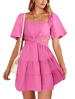 Women Summer Square Neck Short Sleeve Cutout Crossover Waist Casual Party Tiered A-Line Mini Dress