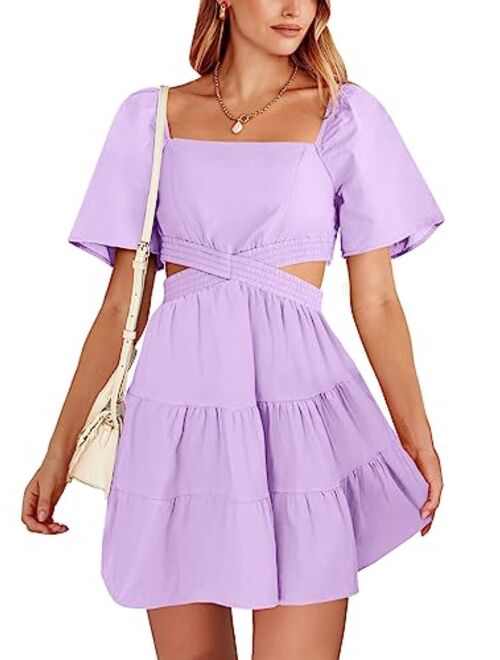 ANRABESS Women Summer Square Neck Short Sleeve Cutout Crossover Waist Casual Party Tiered A-Line Mini Dress