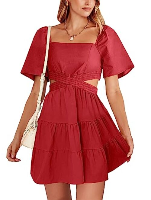 ANRABESS Women Summer Square Neck Short Sleeve Cutout Crossover Waist Casual Party Tiered A-Line Mini Dress