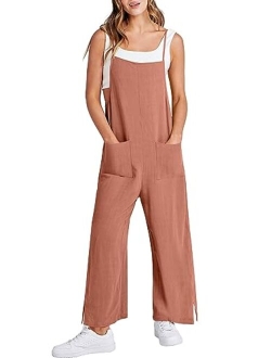 Women Casual Loose Long Bib Pants Wide Leg Jumpsuits Baggy Linen Rompers Overalls with Pockets