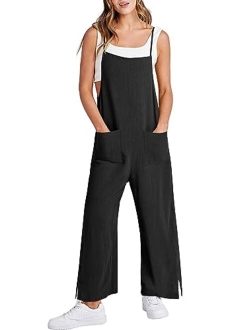 Women Casual Loose Long Bib Pants Wide Leg Jumpsuits Baggy Linen Rompers Overalls with Pockets