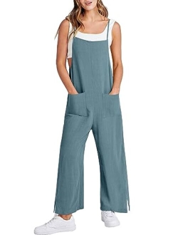 Women Casual Loose Long Bib Pants Wide Leg Jumpsuits Baggy Linen Rompers Overalls with Pockets