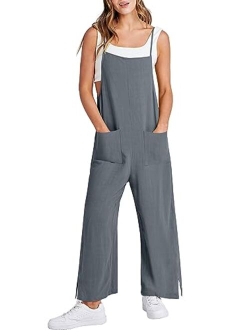 Women Casual Loose Long Bib Pants Wide Leg Jumpsuits Baggy Linen Rompers Overalls with Pockets