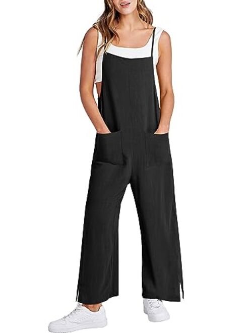 ANRABESS Women Casual Loose Long Bib Pants Wide Leg Jumpsuits Baggy Linen Rompers Overalls with Pockets