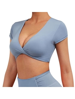 Women V Neck Twist Crop Tops Padded Low Cut Workout Tops Short Sleeve Workout Shirts