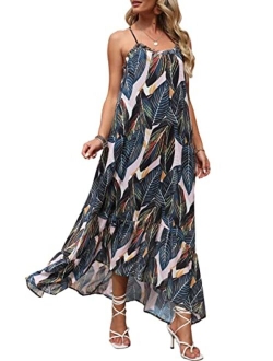 Womens Summer High Low Ruffle Maxi Dress Spaghetti Strap Print Flowy Beach Long Dress