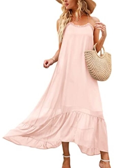 Womens Summer High Low Ruffle Maxi Dress Spaghetti Strap Print Flowy Beach Long Dress