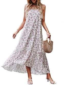 Womens Summer High Low Ruffle Maxi Dress Spaghetti Strap Print Flowy Beach Long Dress