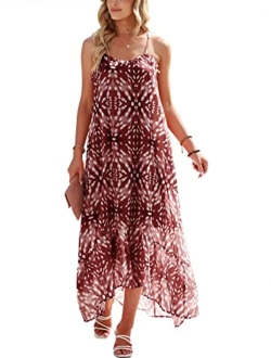 Womens Summer High Low Ruffle Maxi Dress Spaghetti Strap Print Flowy Beach Long Dress