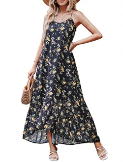 Womens Summer High Low Ruffle Maxi Dress Spaghetti Strap Print Flowy Beach Long Dress