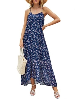 Womens Summer High Low Ruffle Maxi Dress Spaghetti Strap Print Flowy Beach Long Dress