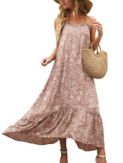 Womens Summer High Low Ruffle Maxi Dress Spaghetti Strap Print Flowy Beach Long Dress