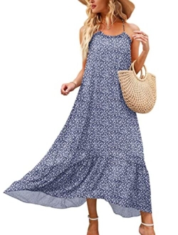 Womens Summer High Low Ruffle Maxi Dress Spaghetti Strap Print Flowy Beach Long Dress