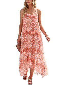 Womens Summer High Low Ruffle Maxi Dress Spaghetti Strap Print Flowy Beach Long Dress