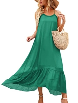 Womens Summer High Low Ruffle Maxi Dress Spaghetti Strap Print Flowy Beach Long Dress