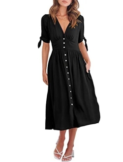 Womens 2023 Spring Summer Casual Short Sleeves Deep V Neck Button Down A-Line Midi Dress