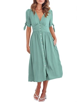 Womens 2023 Spring Summer Casual Short Sleeves Deep V Neck Button Down A-Line Midi Dress