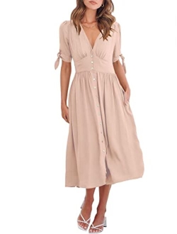 Womens 2023 Spring Summer Casual Short Sleeves Deep V Neck Button Down A-Line Midi Dress