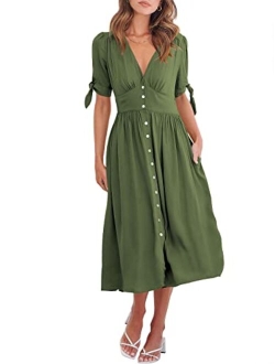 Womens 2023 Spring Summer Casual Short Sleeves Deep V Neck Button Down A-Line Midi Dress