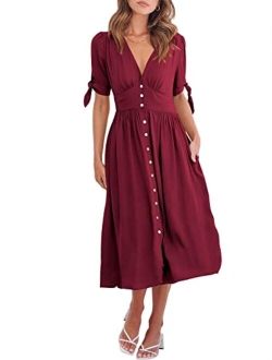 Womens 2023 Spring Summer Casual Short Sleeves Deep V Neck Button Down A-Line Midi Dress