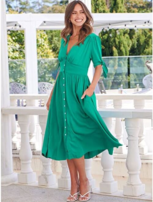 ANRABESS Womens 2023 Spring Summer Casual Short Sleeves Deep V Neck Button Down A-Line Midi Dress