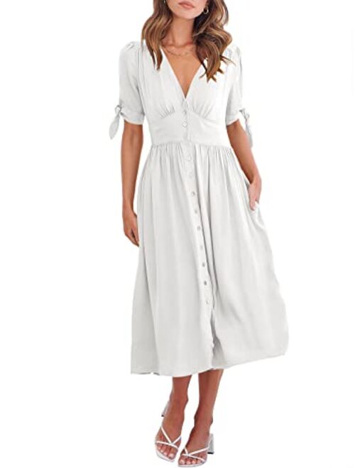 ANRABESS Womens 2023 Spring Summer Casual Short Sleeves Deep V Neck Button Down A-Line Midi Dress