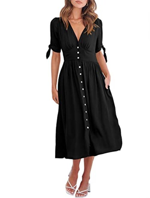 ANRABESS Womens 2023 Spring Summer Casual Short Sleeves Deep V Neck Button Down A-Line Midi Dress