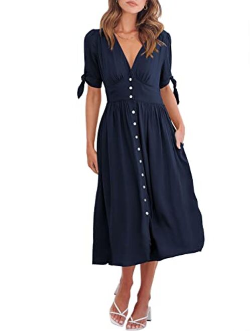 ANRABESS Womens 2023 Spring Summer Casual Short Sleeves Deep V Neck Button Down A-Line Midi Dress