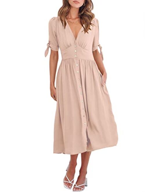 ANRABESS Womens 2023 Spring Summer Casual Short Sleeves Deep V Neck Button Down A-Line Midi Dress