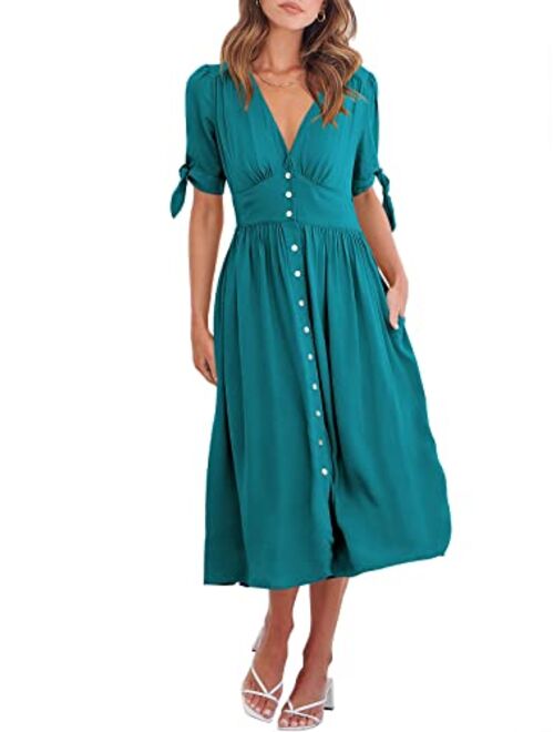 ANRABESS Womens 2023 Spring Summer Casual Short Sleeves Deep V Neck Button Down A-Line Midi Dress