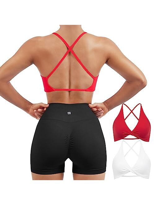 SUUKSESS Women 2 Piece Open Back Strappy Sports Bra Pack Twist V Neck Workout Crops