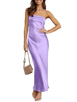 Women Summer Satin Strapless Formal Dress Sexy Backless Bodycon Wedding Cocktail Party Maxi Dress