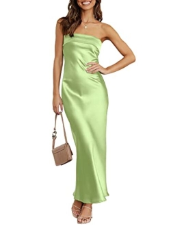 Women Summer Satin Strapless Formal Dress Sexy Backless Bodycon Wedding Cocktail Party Maxi Dress