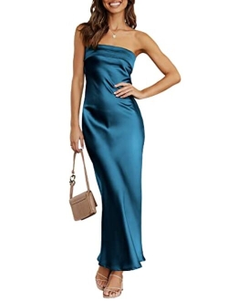 Women Summer Satin Strapless Formal Dress Sexy Backless Bodycon Wedding Cocktail Party Maxi Dress