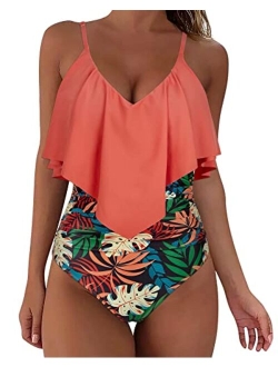 Women Slimming Ruffle One Piece Swimsuits Ruched Tummy Control Bathing Suits