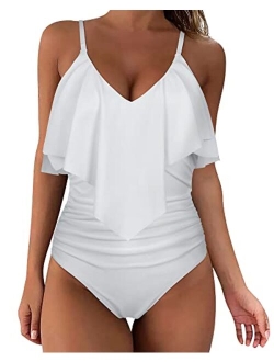 Women Slimming Ruffle One Piece Swimsuits Ruched Tummy Control Bathing Suits