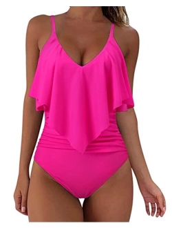 Women Slimming Ruffle One Piece Swimsuits Ruched Tummy Control Bathing Suits