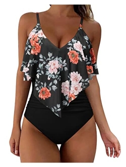 Women Slimming Ruffle One Piece Swimsuits Ruched Tummy Control Bathing Suits