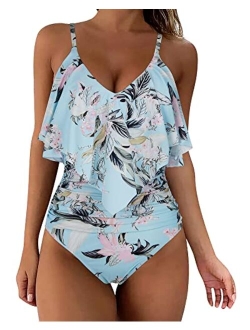 Women Slimming Ruffle One Piece Swimsuits Ruched Tummy Control Bathing Suits