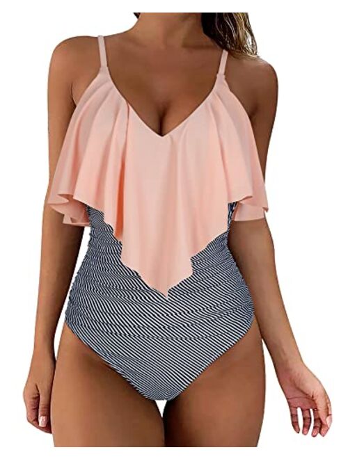 SUUKSESS Women Slimming Ruffle One Piece Swimsuits Ruched Tummy Control Bathing Suits